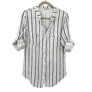 Stella Martini Linen Button Up Shirt Women Size Large White Blue Striped Italy